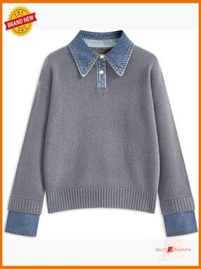 Oversized Denim Collar Pullover Sweater Long Sleeve Button Front